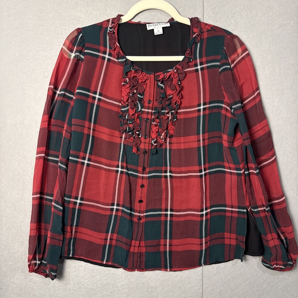 Pendleton Women's Blouse Tartan Plaid Silk Ruffle Crepe Red & Green Size 10